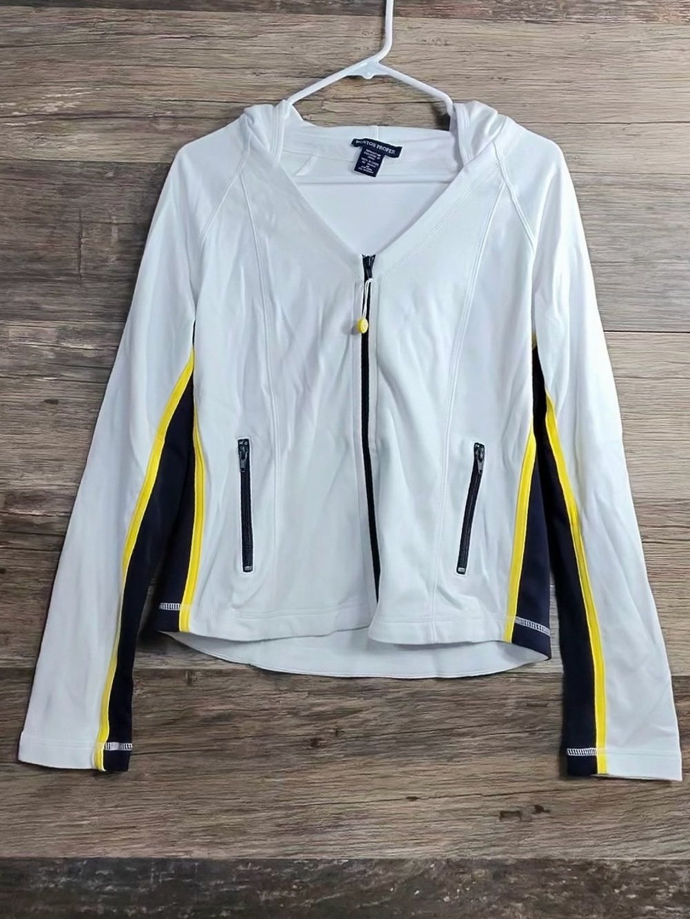 Boston Proper White Hooded Bomber Jacket with Yellow & Navy Trim